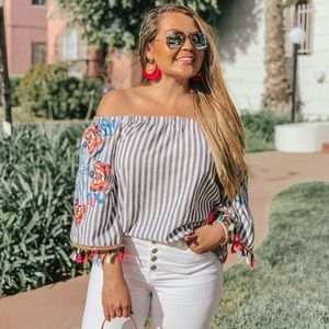 Embroidered off the shoulder top tassels on sleeve